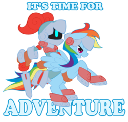 Size: 1082x1033 | Tagged: safe, artist:tabbykat, rainbow dash, pegasus, pony, g4, armor, crossover, female, helmet, open mouth, riding, simple background, spiral knights, sword, transparent background, weapon
