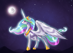 Size: 1280x934 | Tagged: dead source, safe, artist:rriava, princess celestia, alicorn, pony, g4, female, full moon, glowing, mare, mare in the moon, moon, solo, stars