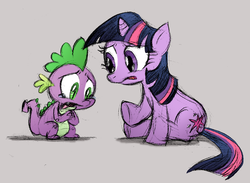 Size: 1220x894 | Tagged: safe, artist:pinkys1985, spike, twilight sparkle, dragon, pony, unicorn, g4, female, male, mare, sitting