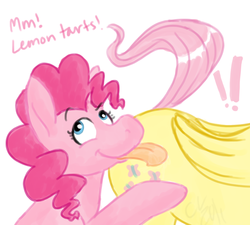 Size: 1105x995 | Tagged: safe, artist:cartoonlion, fluttershy, pinkie pie, pony, g4, exclamation point, female, licking, mare