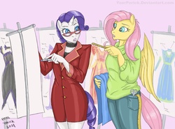 Size: 1039x769 | Tagged: safe, artist:pooryorick, fluttershy, rarity, anthro, g4, clothes, duo, duo female, female, glasses, measuring tape, pants, rarity's glasses, scissors, sweater, sweatershy