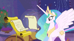Size: 500x281 | Tagged: safe, screencap, princess celestia, alicorn, pony, g4, griffon the brush off, season 1, animated, crown, eyes closed, female, flower, frown, gif, gritted teeth, jewelry, letter, looking up, magic, mare, open mouth, raised hoof, regalia, scroll, solo, spread wings, wings