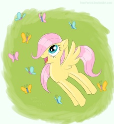 Size: 750x818 | Tagged: safe, artist:pooryorick, fluttershy, butterfly, g4, blank flank, filly, hair over one eye, looking at something, looking up, open mouth, so many wonders, spread wings, wings