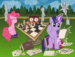 Size: 1024x768 | Tagged: safe, artist:alevgor, pinkie pie, twilight sparkle, g4, book, chess, chessboard, chessboard incorrectly oriented, clock, ink, magic