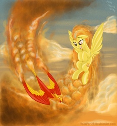 Size: 960x1034 | Tagged: safe, artist:pooryorick, philomena, spitfire, pegasus, phoenix, pony, g4, duo, enjoying, fire, flying, happy, hooves to the chest, looking at something, sky, spitfiery, spread wings, wings