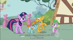 Size: 854x470 | Tagged: safe, edit, edited screencap, screencap, snails, snips, spike, twilight sparkle, dragon, pony, unicorn, g4, caption, colt, female, male, mare, youtube caption