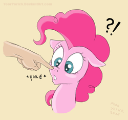 Size: 760x710 | Tagged: safe, artist:pooryorick, pinkie pie, human, g4, boop, bust, cross-eyed, exclamation point, floppy ears, hand, interrobang, looking at something, onomatopoeia, open mouth, portrait, question mark, simple background