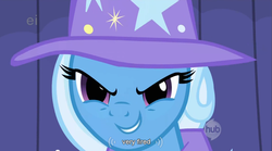 Size: 853x473 | Tagged: safe, screencap, trixie, pony, unicorn, boast busters, g4, ei, female, hub logo, logo, mare, solo, the hub, youtube caption