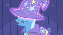 Size: 854x472 | Tagged: safe, screencap, trixie, pony, unicorn, boast busters, g4, ei, female, hub logo, logo, mare, solo, the hub, youtube caption