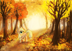 Size: 2100x1500 | Tagged: safe, artist:ruckusrufus, applejack, earth pony, pony, g4, autumn, crepuscular rays, female, forest, solo