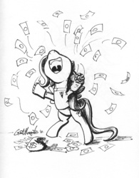 Size: 709x908 | Tagged: safe, artist:giantmosquito, fluttershy, pegasus, pony, g4, bipedal, black and white, boots, bronybucks, cheering, clothes, dr adorable, female, goggles, grayscale, happy, hooves out, lab coat, mare, money, money bag, monochrome, nose in the air, open mouth, shoes, smiling, solo, spread wings, traditional art, uvula, wings