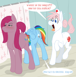 Size: 948x958 | Tagged: safe, artist:cartoonlion, nurse redheart, pinkie pie, rainbow dash, earth pony, pegasus, pony, g4, party of one, alternate ending, blushing, dialogue, dock, embarrassed, faic, female, frown, head up butt, lesbian, mare, open mouth, penetration, pinkamena diane pie, raised hoof, raised tail, scene interpretation, speech bubble, standing, stuck, tongue out, wide eyes, yelling