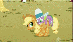 Size: 707x407 | Tagged: safe, screencap, applejack, spike, dragon, earth pony, pony, fall weather friends, g4, season 1, animated, bouncing, bucking, cowboy hat, dragons riding ponies, duo, female, grin, gritted teeth, hat, hay, male, mare, nervous, open mouth, out of context, riding, smiling, spike riding applejack, stetson, ten gallon hat