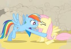 Size: 373x259 | Tagged: safe, screencap, fluttershy, rainbow dash, pegasus, pony, a canterlot wedding, g4, cropped, duo, duo female, female, mare, out of context, shipping fuel
