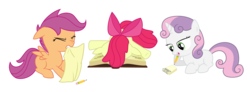 Size: 3908x1433 | Tagged: safe, artist:nianara, apple bloom, scootaloo, sweetie belle, earth pony, pegasus, pony, unicorn, g4, cutie mark crusaders, female, filly, foal, pencil, simple background, transparent background
