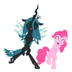 Size: 2904x2917 | Tagged: safe, artist:nianara, pinkie pie, queen chrysalis, changeling, changeling queen, earth pony, pony, g4, ^^, duo, duo female, eyes closed, female, high res, mare, simple background, transparent background