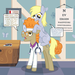 Size: 900x900 | Tagged: safe, artist:aha mccoy, derpy hooves, doctor muffin top, hippocrates, horse md, earth pony, pegasus, pony, g4, derpy being derpy, doctor, eye chart, female, head mirror, implied doctorderpy, magazine, male, mare, never gonna give you up, ponies riding ponies, rick astley, rickroll, riding, riding a pony, riding on back, sitting on person, sitting on pony, stallion, when you see it