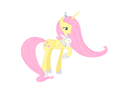 Size: 3333x2500 | Tagged: safe, artist:nianara, angel bunny, fluttershy, alicorn, pony, g4, alicornified, duo, female, fluttercorn, high res, hoof shoes, jewelry, mare, pet, peytral, race swap, raised hoof, simple background, tiara, transparent background