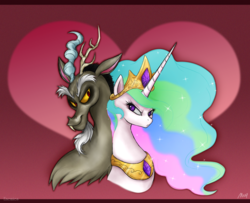 Size: 1222x990 | Tagged: safe, artist:mn27, discord, princess celestia, g4, female, interspecies, male, ship:dislestia, shipping, straight