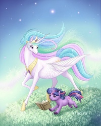 Size: 721x900 | Tagged: safe, artist:yiuokami, princess celestia, twilight sparkle, alicorn, pony, unicorn, g4, book, female, filly, filly twilight sparkle, looking down, unicorn twilight, younger