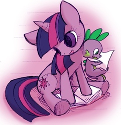 Size: 468x486 | Tagged: safe, artist:hi6sho, spike, twilight sparkle, dragon, pony, unicorn, g4, book, female, male, mare, sitting