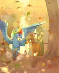 Size: 1024x1280 | Tagged: safe, artist:kaakaosusi, applejack, rainbow dash, earth pony, pegasus, pony, g4, autumn, female, running, running of the leaves, spread wings, tree