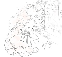 Size: 849x786 | Tagged: dead source, safe, artist:artoki, red roses, pony, unicorn, g1, g4, female, g1 to g4, generation leap, horn, lineart, mare, mirror, perfume, perfume puff, sitting, sparkles, stool, vanity