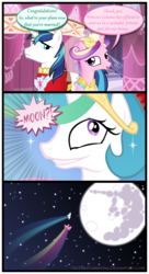 Size: 763x1400 | Tagged: safe, artist:catwhitney, princess cadance, princess celestia, shining armor, alicorn, pony, unicorn, g4, comic, female, honeymoon, male, mare, mare in the moon, meme, moon, ship:shiningcadance, shipping, stallion, straight, to the moon, triggered, trollestia, tyrant celestia