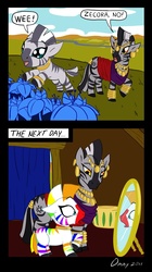 Size: 700x1249 | Tagged: safe, artist:omny87, zecora, zebra, g4, 2 panel comic, comic, cute, female, filly, fruit stripe, hilarious in hindsight, mare, poison joke, slice of life, weapons-grade cute, younger, zecorable
