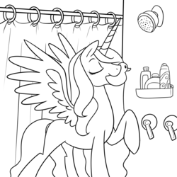 Size: 1500x1500 | Tagged: safe, artist:madmax, princess celestia, alicorn, pony, g4, black and white, color me, eyes closed, female, grayscale, lineart, mare, monochrome, mouth hold, raised hoof, rubber duck, shower, solo, spread wings, wings