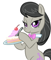 Size: 853x1000 | Tagged: safe, artist:madmax, octavia melody, earth pony, pony, g4, bipedal, cake, female, mare, simple background, smiling, solo, transparent background
