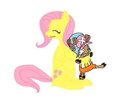 Size: 975x819 | Tagged: safe, fluttershy, pegasus, pony, g4, crossover, duo, eyes closed, female, folded wings, gritted teeth, hug, mare, one piece, simple background, sitting, smiling, teeth, tony tony chopper, white background, wings