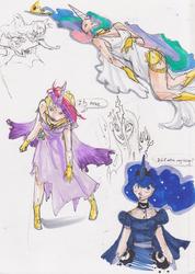 Size: 2326x3269 | Tagged: safe, artist:asterdog, princess cadance, princess celestia, princess luna, queen chrysalis, twilight sparkle, a canterlot wedding, g4, dialogue, high res, humanized, injured, scene interpretation, sketch dump, traditional art