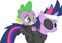 Size: 1600x1105 | Tagged: safe, artist:frankrt, spike, twilight sparkle, g4, it's about time, eyepatch, future spike, future twilight, hands on belly, simple background, stomach ache, transparent background, vector