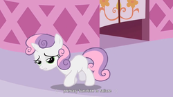 Size: 1248x702 | Tagged: safe, screencap, sweetie belle, pony, robot, robot pony, unicorn, friendship is witchcraft, g4, blank flank, female, filly, foal, hooves, horn, neigh soul sister, solo, subtitles, sweetie bot, teeth, youtube caption