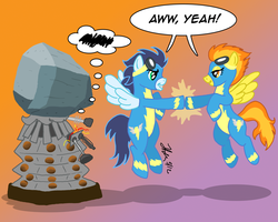 Size: 1000x800 | Tagged: safe, artist:the_gneech, part of a set, soarin', spitfire, tom, g4, crossover, dalek, dialogue, doctor who, goggles, gradient background, hoofbump, wonderbolts, wonderbolts uniform