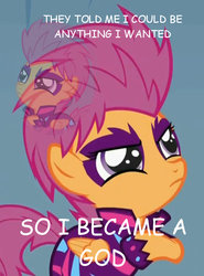 Size: 553x747 | Tagged: safe, edit, edited screencap, screencap, scootaloo, pegasus, pony, g4, season 1, the show stoppers, alternate hairstyle, clothes, comic sans, cutie mark crusaders song, female, filly, foal, folded wings, frown, hoof on chest, hoof shoes, image macro, looking up, magenta hair, magenta mane, magenta tail, makeup, orange coat, orange fur, orange pony, orange wings, purple eyes, rocker, show stopper outfits, solo, text, wings