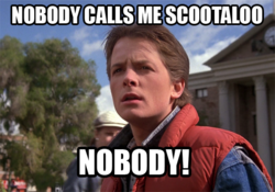 Size: 600x419 | Tagged: safe, scootaloo, human, g4, back to the future, marty mcfly, meme, michael j. fox, scootachicken