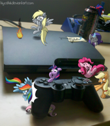 Size: 802x916 | Tagged: safe, artist:kiyoshiii, applejack, derpy hooves, fluttershy, pinkie pie, rainbow dash, rarity, twilight sparkle, pegasus, pony, g4, controller, female, irl, mare, photo, playstation, playstation 3, ponies in real life, video game
