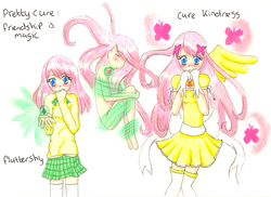 Size: 900x654 | Tagged: safe, artist:cloud-xx, fluttershy, human, g4, clothes, dress, frilly dress, humanized, magical girl, precure, school uniform, skirt, traditional art