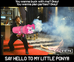 Size: 800x677 | Tagged: safe, pinkie pie, earth pony, human, pony, g4, crossover, pinkie launcher, pun, rocket launcher, say hello to my little friend, scarface, title drop, tony montana