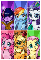 Size: 2037x2943 | Tagged: safe, artist:kuraidraws, applejack, fluttershy, pinkie pie, rainbow dash, rarity, twilight sparkle, butterfly, earth pony, pegasus, pony, unicorn, g4, apple, cute, eye clipping through hair, eyebrows, eyebrows visible through hair, female, food, glowing horn, horn, lasso, looking at you, magic, mane six, mare, open mouth, rope, sunburst background, telekinesis, thread