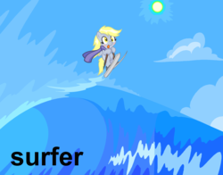 Size: 2024x1588 | Tagged: safe, artist:turbulosus, derpy hooves, pegasus, pony, g4, clothes, derpy being derpy, female, mare, ocean, scarf, skis, solo, surfing, tongue out, water, water skiing, wave