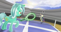 Size: 1224x653 | Tagged: dead source, safe, artist:denial-is-tragic, bon bon, lyra heartstrings, sweetie drops, earth pony, pony, unicorn, g4, glowing horn, horn, magic, mouth hold, telekinesis, tennis