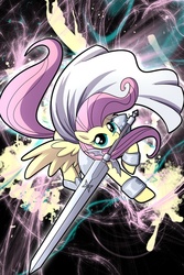 Size: 640x960 | Tagged: dead source, safe, artist:madmax, artist:pappkarton, fluttershy, pegasus, pony, g4, abstract background, claymore, clothes, female, mare, mouth hold, solo, sword, weapon