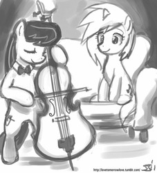 Size: 909x1000 | Tagged: safe, artist:johnjoseco, dj pon-3, octavia melody, vinyl scratch, pony, g4, bipedal, cello, couch, duo, eyes closed, grayscale, monochrome, musical instrument