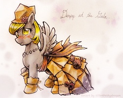 Size: 539x432 | Tagged: safe, artist:slifertheskydragon, derpy hooves, pegasus, pony, g4, clothes, dress, female, gala, gala dress, hat, mare, necklace, solo