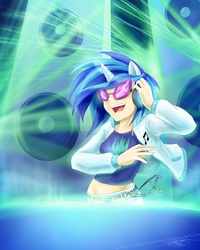 Size: 720x900 | Tagged: safe, artist:slifertheskydragon, dj pon-3, vinyl scratch, human, g4, clothes, disc jockey, female, glasses, headphones, horn, horned humanization, humanized, solo