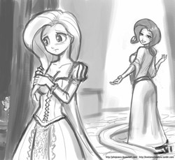 Size: 800x733 | Tagged: safe, artist:johnjoseco, fluttershy, gummy, rarity, human, g4, cleavage, clothes, dress, female, grayscale, humanized, monochrome, tangled (disney)