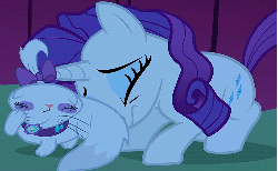 Size: 748x463 | Tagged: safe, screencap, opalescence, rarity, cat, pony, unicorn, g4, suited for success, animated, cropped, crouching, cute, eyes closed, female, frown, loop, mare, marshmelodrama, messy mane, opalbetes, open mouth, prone, raised paw, raribetes, scared, shivering, trembling